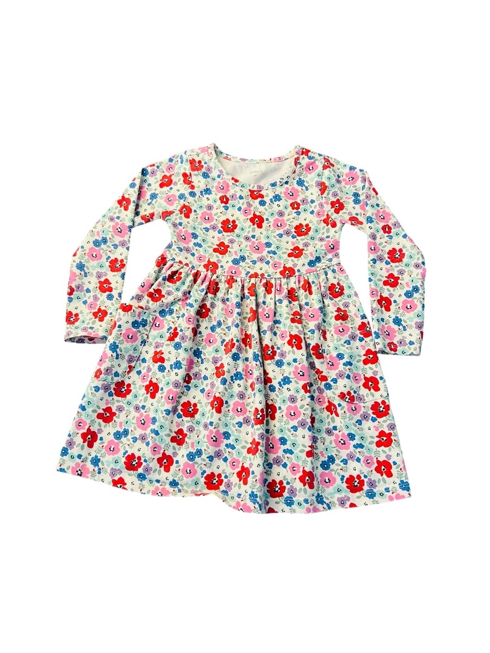 Quince White Floral Long-Sleeve Casual Dress with Red, Purple and Pink Flowers
